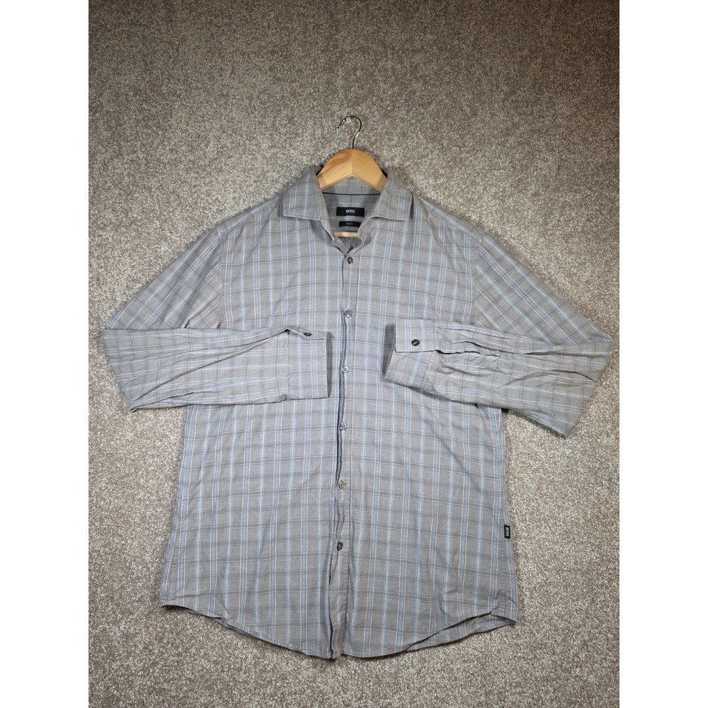 Hugo Boss Slim Fit Grey Blue Check Long Sleeve Shirt Size L 100% Cotton Smart...